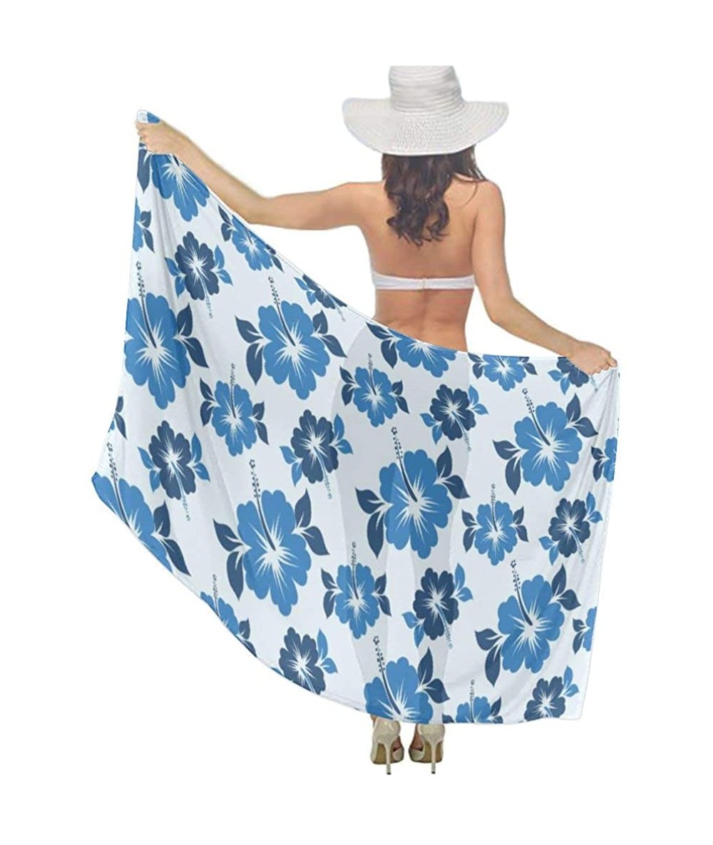 Cover-Ups Women Chiffon Scarf Sunscreen Shawl Wrap Swimsuit Cover Up Beach Sarongs - Hawaiian Blue Flowers Pattern - CH19C4D2...