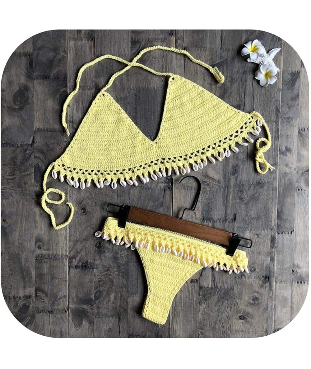 Sets Crochet Bikini Set Shell Tassels Brazilian Swimsuit Women Halter Swimwear Spy - Yellow - CJ197HOCXEG $74.37