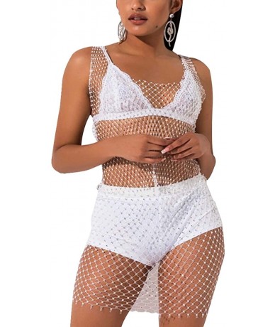 Cover-Ups Women Mesh See through Rhinestone Fishnet Mini Skirts Beach Wrap Bikini Cover Up for Swimwea Clubwear - White - CJ1...