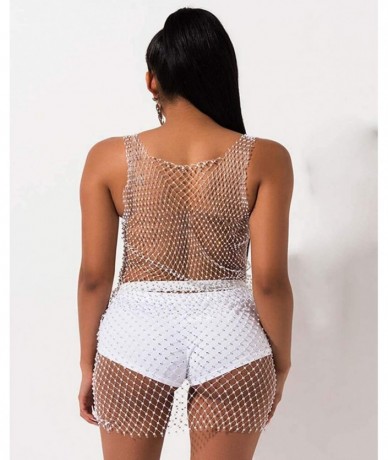 Cover-Ups Women Mesh See through Rhinestone Fishnet Mini Skirts Beach Wrap Bikini Cover Up for Swimwea Clubwear - White - CJ1...