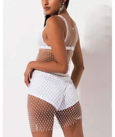 Cover-Ups Women Mesh See through Rhinestone Fishnet Mini Skirts Beach Wrap Bikini Cover Up for Swimwea Clubwear - White - CJ1...