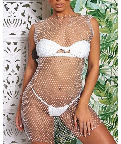 Cover-Ups Women Mesh See through Rhinestone Fishnet Mini Skirts Beach Wrap Bikini Cover Up for Swimwea Clubwear - White - CJ1...