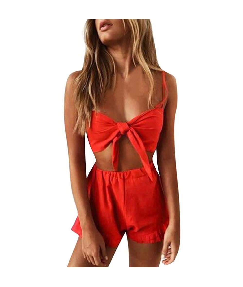 Sets Women High Waisted Bikini Set Tie Knot High Rise 2 Piece Swimsuit with Irregular Ruffled Hem Boyshort Bathing Suit Red -...