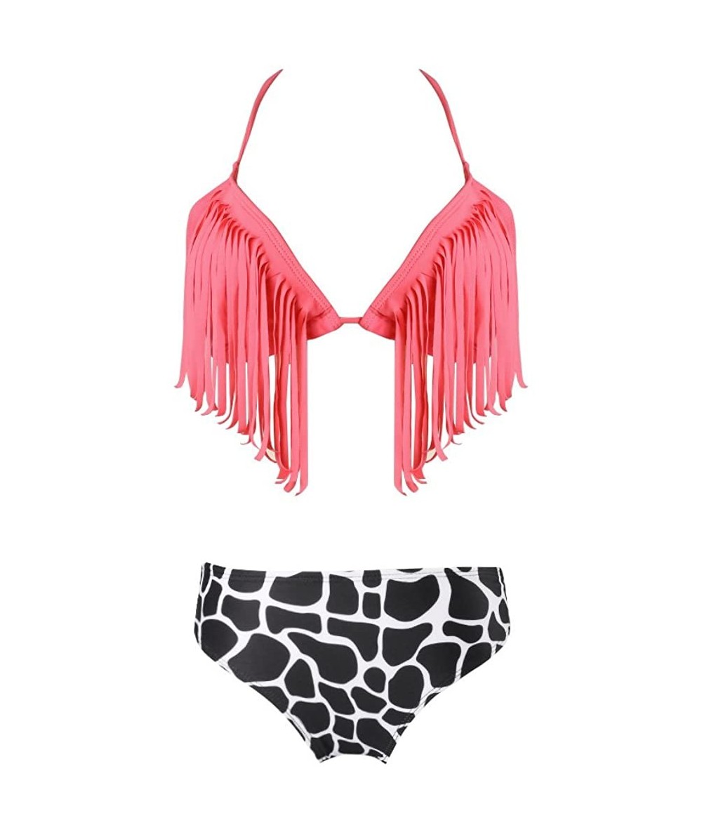 Sets Womens Bikini Swimsuits Two Piece Halter Bathing Suit with Tassel Trim - Animal Print - CH18X4TOQXW $30.14