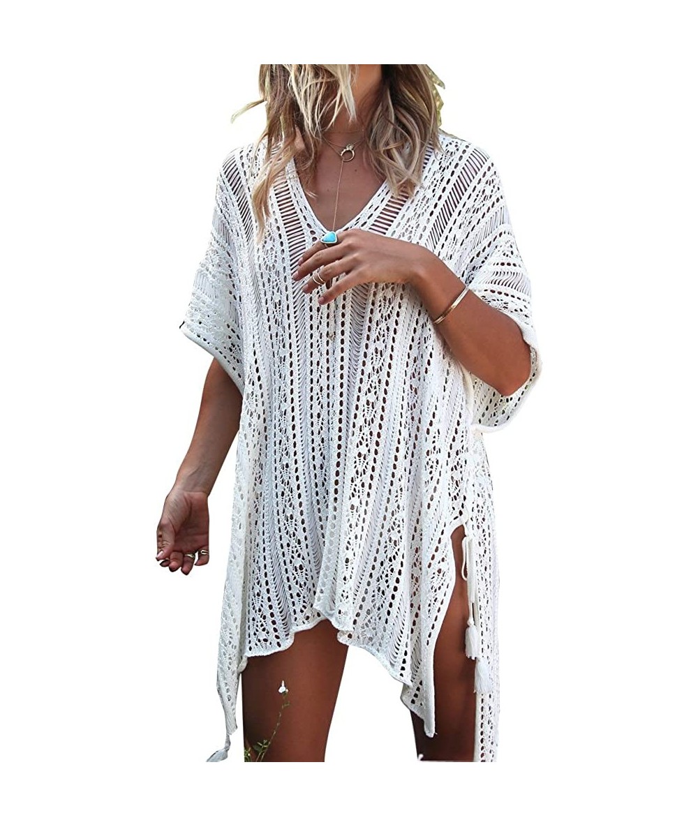 Cover-Ups Women's Summer Wear Bathing Suit Cover Up Bikini Crochet Tunic Beach Dress - Off-white - CL183NGMEMM $32.06