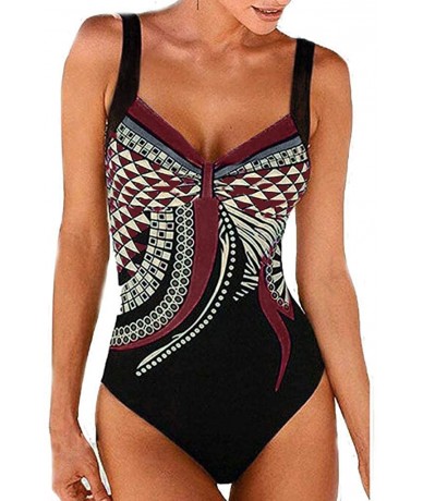 Bottoms Women One Piece Retro Swimsuit Ruched V-Neck Tummy Control Swimwear Printed Bathing Suits - Wine - CF1923335W3 $23.54