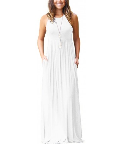 Cover-Ups Women's Sleeveless Racerback Loose Plain Maxi Dresses Casual Long Dresses with Pockets - 09-white - CP18N9G5O9X $50.35