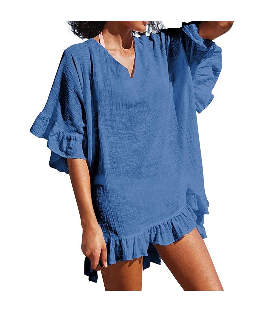 Cover-Ups Women Summer Cloting Beach Cover Up for Women Chiffon Tassel Swimsuit Summer Bikini Solid Swim Beachwear - Blue - C...