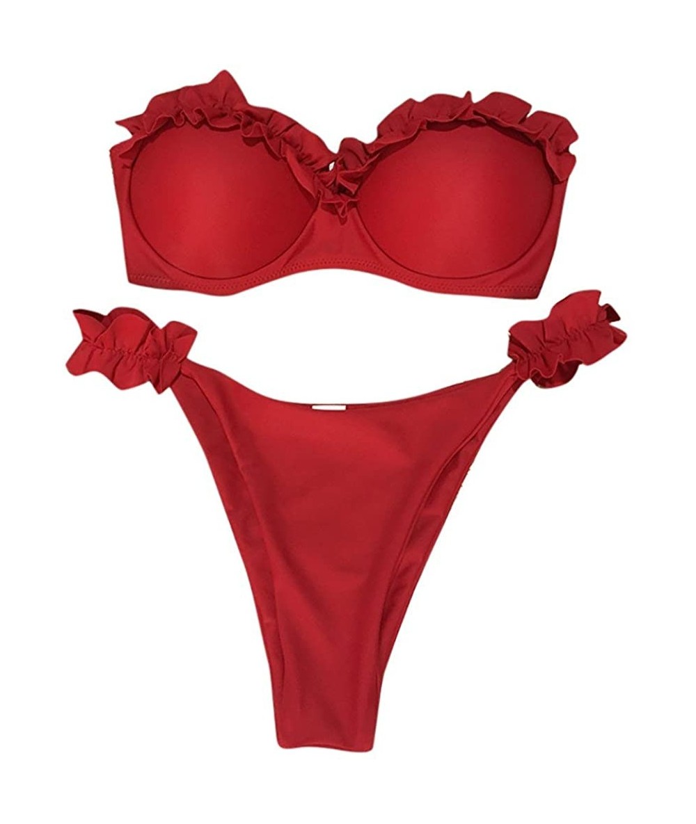 Sets Women Two Pieces High Waisted Ruffle Bikini Set V Neck Solid Swimwear Sexy Swimsuit Beachwear Bathing Suits Zzz red - C8...