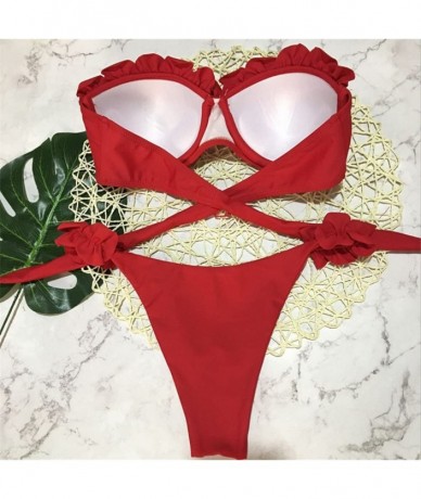 Sets Women Two Pieces High Waisted Ruffle Bikini Set V Neck Solid Swimwear Sexy Swimsuit Beachwear Bathing Suits Zzz red - C8...