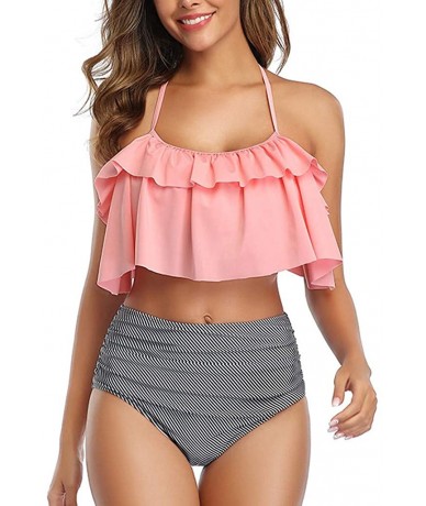 Sets Swimsuits Women Bikini- Womens Two Pieces Bathing Suit Top Ruffled with High Waisted Bottom Bikini Set - Pink - CE1954EG...