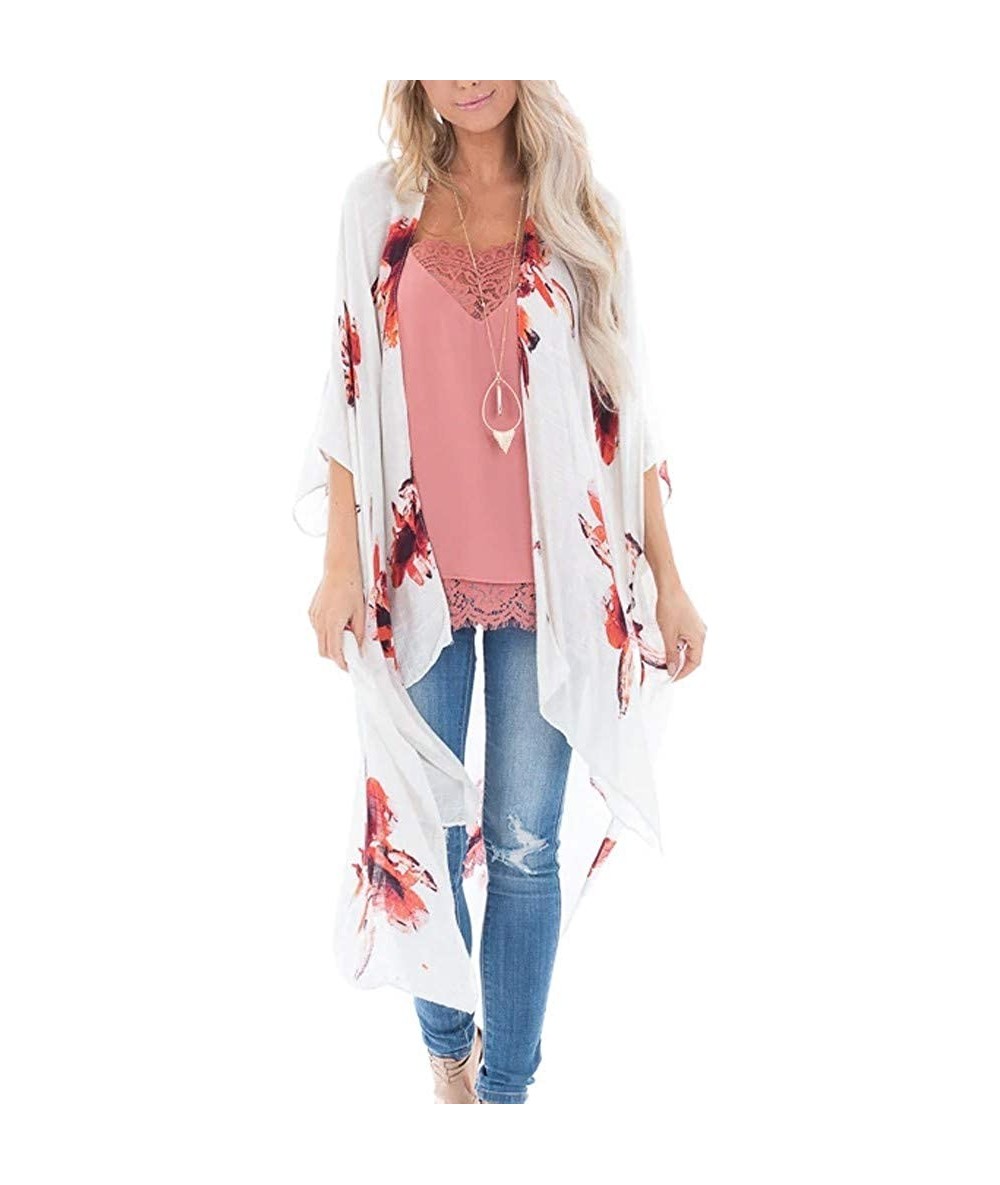 Board Shorts Fashion Chiffon Shawl Print Kimono Cardigan Top Cover Up Blouse Beachwear Women - Floral Print Cardigan White - ...