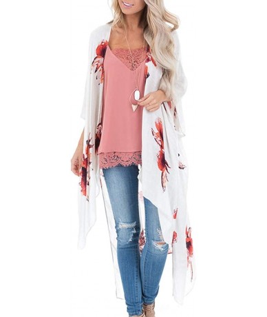 Board Shorts Fashion Chiffon Shawl Print Kimono Cardigan Top Cover Up Blouse Beachwear Women - Floral Print Cardigan White - ...