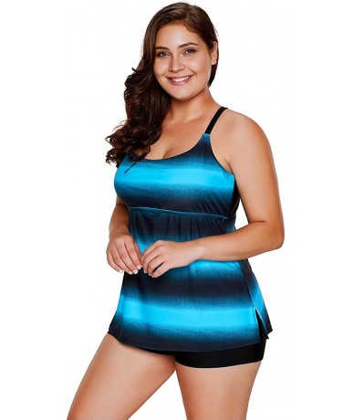 Tankinis Women's Plus Size Two Pieces Tankini Set Straps Athletic Swimwear - Blue - C8188EDZC6D $43.65