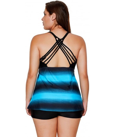 Tankinis Women's Plus Size Two Pieces Tankini Set Straps Athletic Swimwear - Blue - C8188EDZC6D $43.65