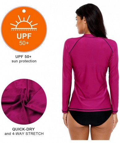 Rash Guards Women's Zip Front Long Sleeve Rash Guard Top Sun Protection Swim Shirt - Fuchsia Black 2 - CK18LH7AL0L $47.98