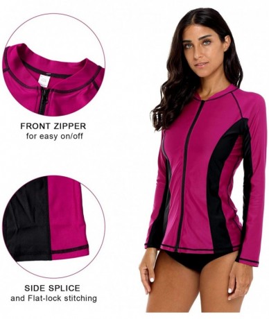 Rash Guards Women's Zip Front Long Sleeve Rash Guard Top Sun Protection Swim Shirt - Fuchsia Black 2 - CK18LH7AL0L $47.98