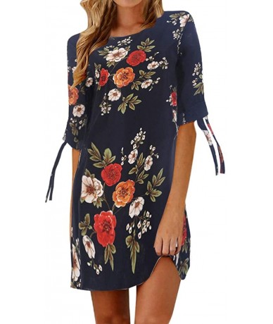 Cover-Ups Mini Dresses for Womens- Floral Printed Bowknot Half Sleeves Casual Party Cocktail - 8348navy - CZ18RGXDTC9 $27.44