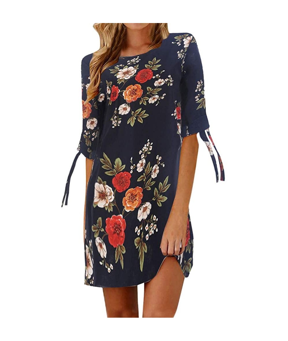 Cover-Ups Mini Dresses for Womens- Floral Printed Bowknot Half Sleeves Casual Party Cocktail - 8348navy - CZ18RGXDTC9 $27.44