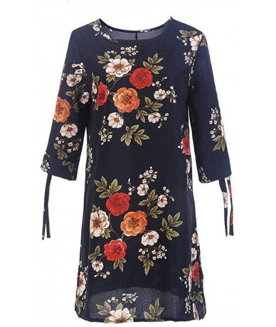 Cover-Ups Mini Dresses for Womens- Floral Printed Bowknot Half Sleeves Casual Party Cocktail - 8348navy - CZ18RGXDTC9 $27.44