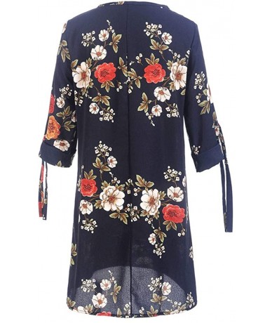 Cover-Ups Mini Dresses for Womens- Floral Printed Bowknot Half Sleeves Casual Party Cocktail - 8348navy - CZ18RGXDTC9 $27.44