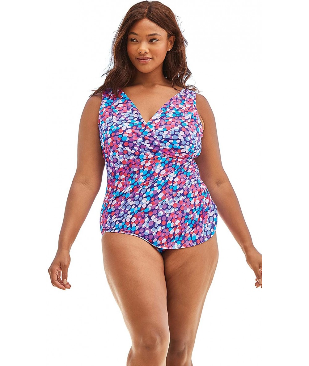 One-Pieces Women's Plus Size Sarong Surplice One-Piece Swimsuit - Multi Bright Dot (1129) - CC195SDX9KI $50.84