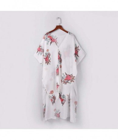 Board Shorts Fashion Chiffon Shawl Print Kimono Cardigan Top Cover Up Blouse Beachwear Women - Floral Print Cardigan White - ...