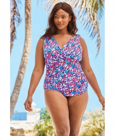 One-Pieces Women's Plus Size Sarong Surplice One-Piece Swimsuit - Multi Bright Dot (1129) - CC195SDX9KI $50.84