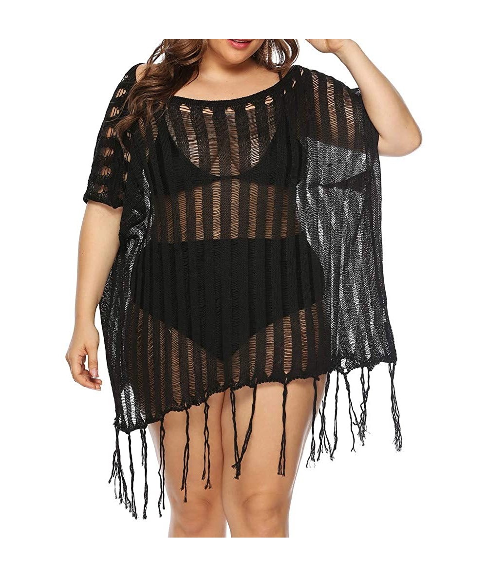 Cover-Ups Summer Womens Beachwear Bikini Cover up Swimwear Lace Tassel Beach Tunic Dress Sheer Bathing Suit - Black - CA19C6Y...