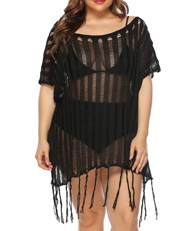 Cover-Ups Summer Womens Beachwear Bikini Cover up Swimwear Lace Tassel Beach Tunic Dress Sheer Bathing Suit - Black - CA19C6Y...