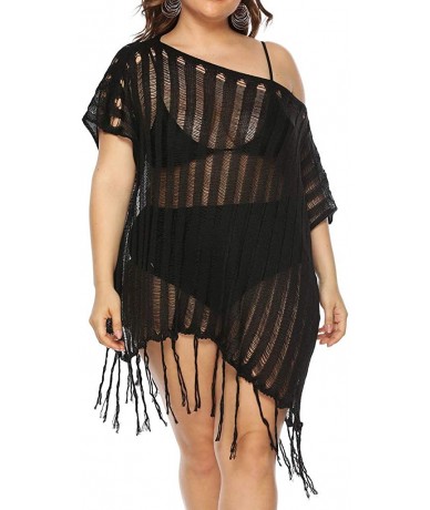 Cover-Ups Summer Womens Beachwear Bikini Cover up Swimwear Lace Tassel Beach Tunic Dress Sheer Bathing Suit - Black - CA19C6Y...