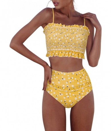 Sets Womens Shirred Bandeau Bikini Cute Two Piece Swimsuit Off Shoulder High Waist Bathing Suit - Yellow - CY18T4G5MSW $46.31