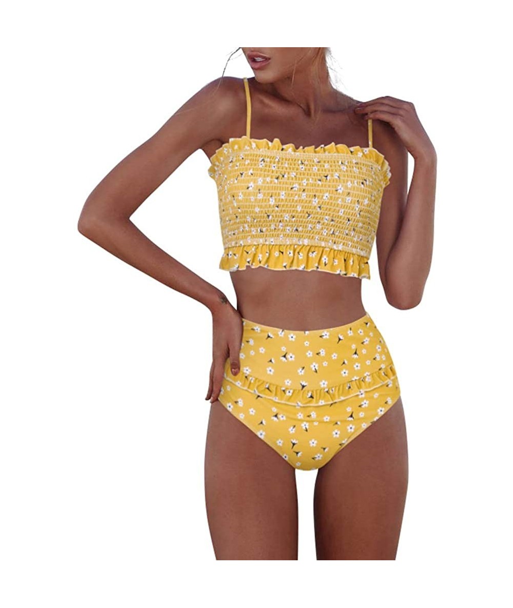 Sets Womens Shirred Bandeau Bikini Cute Two Piece Swimsuit Off Shoulder High Waist Bathing Suit - Yellow - CY18T4G5MSW $46.31