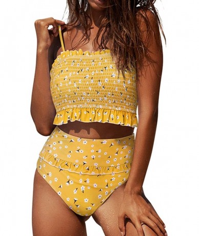 Sets Womens Shirred Bandeau Bikini Cute Two Piece Swimsuit Off Shoulder High Waist Bathing Suit - Yellow - CY18T4G5MSW $46.31