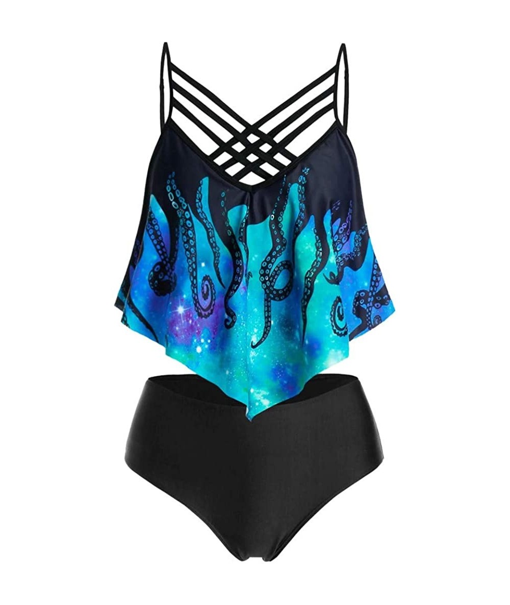 Racing Swimsuits for Women- High Waisted Ruffle Bikini Plus Size Tankini Bathing Suits - A- Blue - CB190DUY3QL $30.42