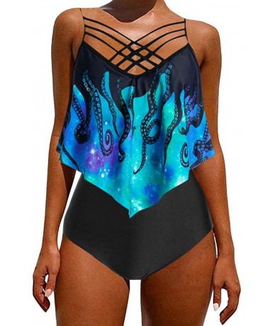 Racing Swimsuits for Women- High Waisted Ruffle Bikini Plus Size Tankini Bathing Suits - A- Blue - CB190DUY3QL $30.42