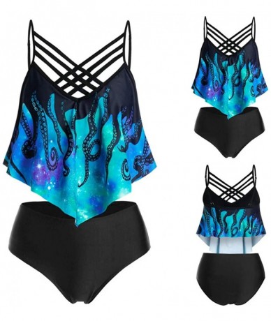 Racing Swimsuits for Women- High Waisted Ruffle Bikini Plus Size Tankini Bathing Suits - A- Blue - CB190DUY3QL $30.42