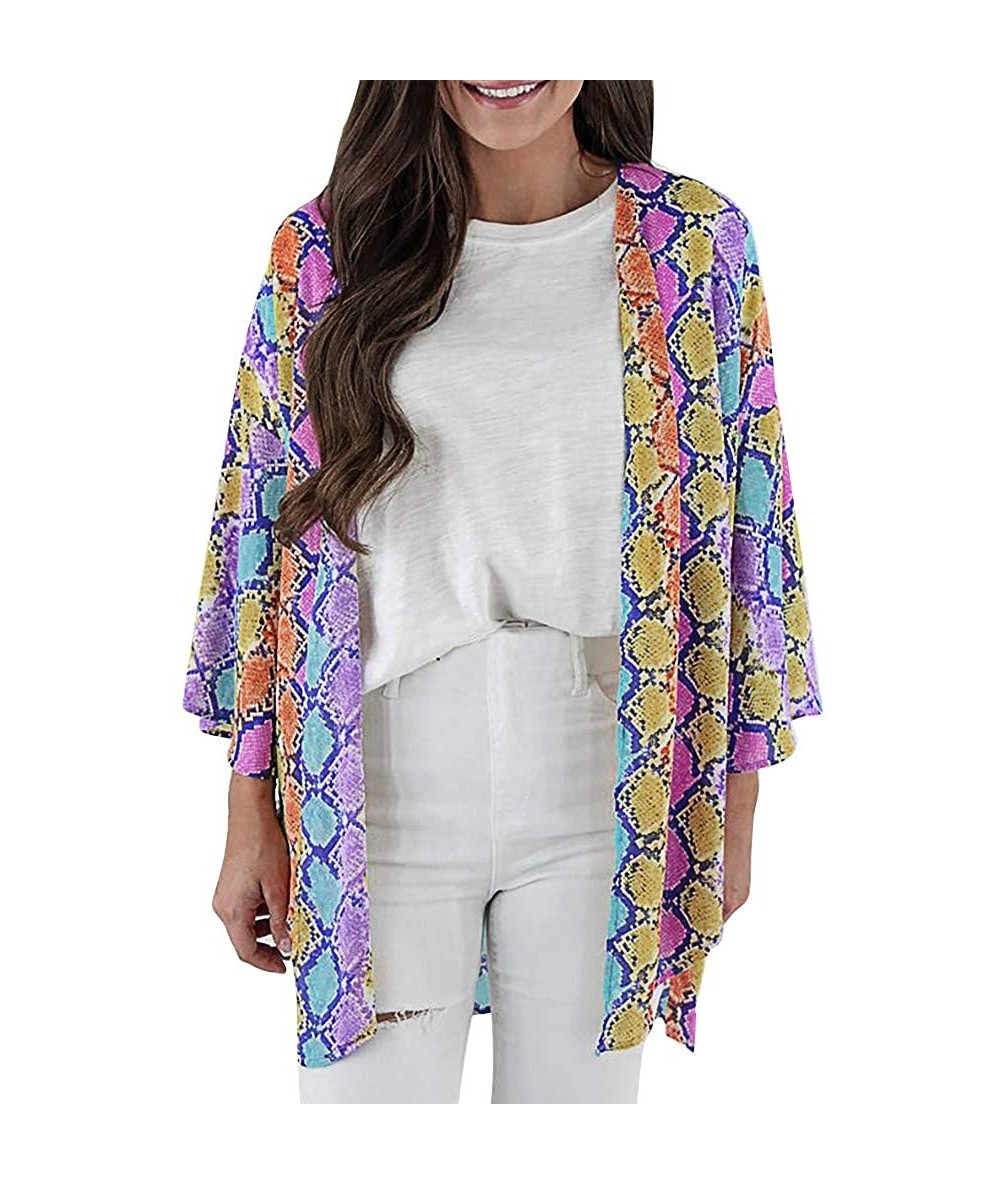 Cover-Ups Floral Cover Up Cardigan Loose Kimono for Women Casual Tops Blouse Capes - Purple 03 - CQ1967X3RM9 $23.41