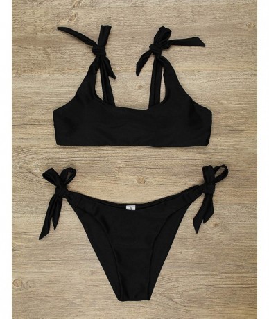 Sets Womens Two Piece Swimsuits Tie Knot Padded Push Up Brazilian Thong Cheeky Bikini Set - Black - C018O2H7WH6 $45.26