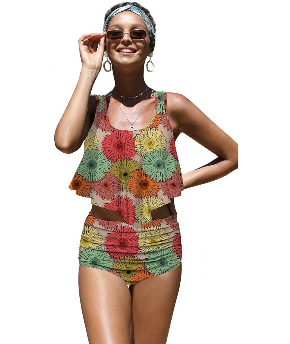 Racing Womens Colorful Sunflowers Botany Print Flounce Bikini Push up High Waisted Swimsuits - Multicolored - CX196LXEO0D $61.04