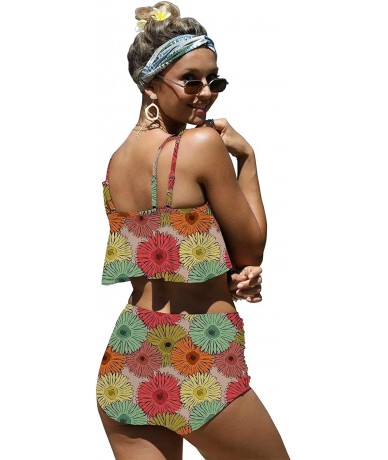 Racing Womens Colorful Sunflowers Botany Print Flounce Bikini Push up High Waisted Swimsuits - Multicolored - CX196LXEO0D $61.04