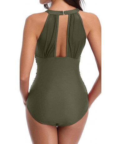 One-Pieces Womens One Piece Swimsuits Monokini Tummy Control Swimwear High Neck Halter - Army Green - CZ18ROKE3XH $33.20