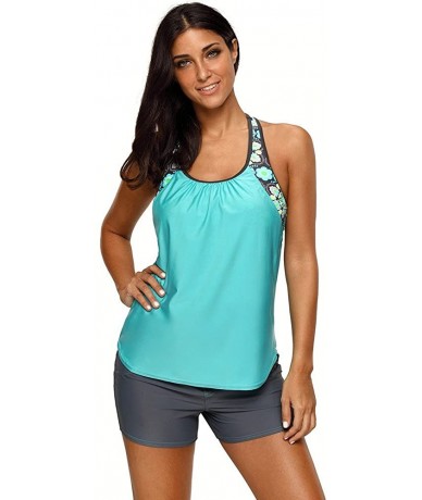 Racing Women Bathing Suit Print Strappy Racerback Padded Tankini Top with Boy Shorts Swimsuit - Blue - C6190GKA3A7 $48.02