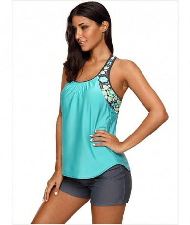 Racing Women Bathing Suit Print Strappy Racerback Padded Tankini Top with Boy Shorts Swimsuit - Blue - C6190GKA3A7 $48.02