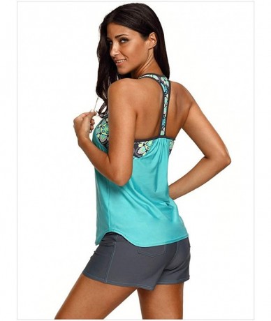 Racing Women Bathing Suit Print Strappy Racerback Padded Tankini Top with Boy Shorts Swimsuit - Blue - C6190GKA3A7 $48.02