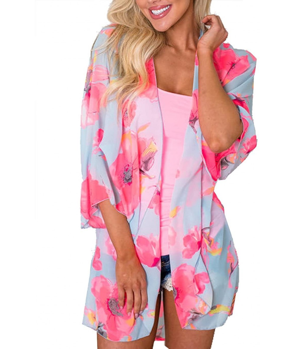 Cover-Ups Women's Chiffon Blouse Loose Tops Beach Kimono Floral Print Cardigan - T21 - CL18EREM8C6 $36.52