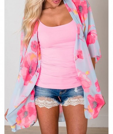 Cover-Ups Women's Chiffon Blouse Loose Tops Beach Kimono Floral Print Cardigan - T21 - CL18EREM8C6 $36.52