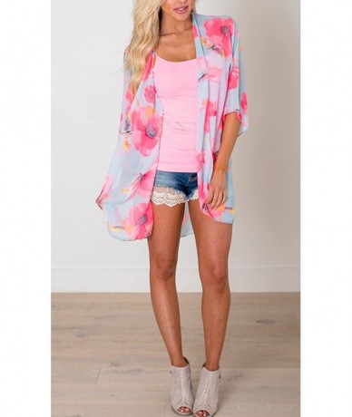 Cover-Ups Women's Chiffon Blouse Loose Tops Beach Kimono Floral Print Cardigan - T21 - CL18EREM8C6 $36.52