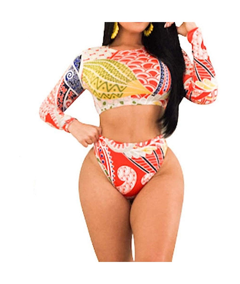 Sets Women Floral Long Sleeve Tie Side 2-Pieces Swimsuit Bathing Suit Swimwear - Red Floral - C718ROQUXM3 $35.61