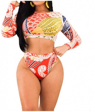 Sets Women Floral Long Sleeve Tie Side 2-Pieces Swimsuit Bathing Suit Swimwear - Red Floral - C718ROQUXM3 $35.61